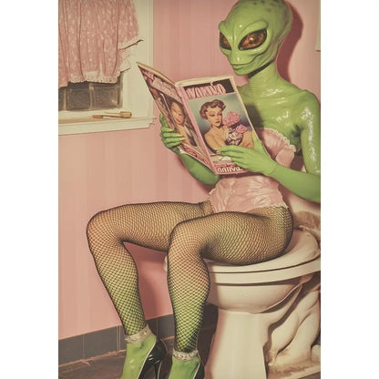 Funny Weird Bathroom Alien on The Toilet Ghost Reading Newspaper Aesthetic Poster Canvas Painting Wall Pictures Home Decor