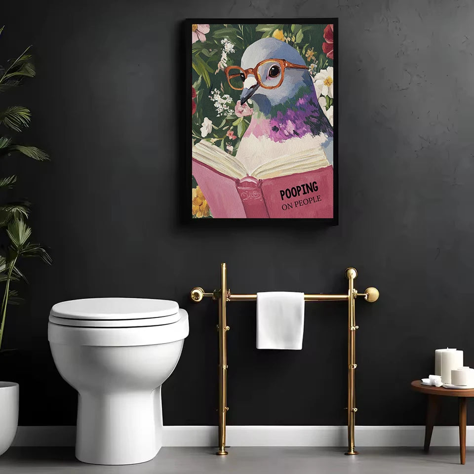 Humorous Pigeon Reading Book Pooping on People Bathroom Funny Animals Poster Canvas Painting Wall Art Pictures Home Toilet Decor
