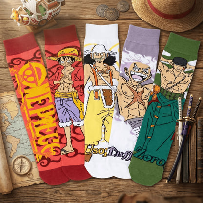 Unisex One Piece Anime Crew Socks Luffy Zoro Gear 5 Cotton Cartoon Streetwear Hosiery for Fans