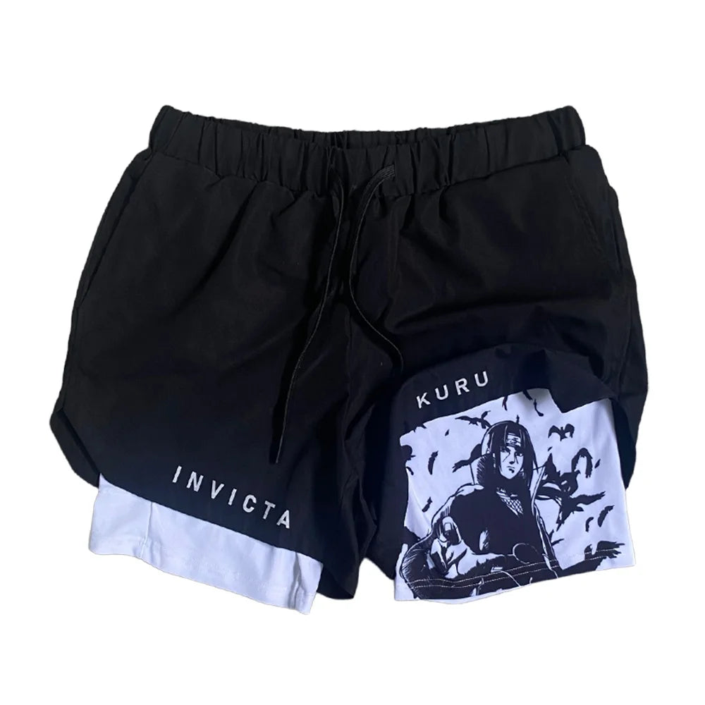 Anime Madara Uchiha Six Paths 2-in-1 Compression Shorts Summer Quick Drying Sport Shorts with Six Tomoe Print Breathable Shorts