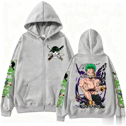 2026 One Piece Zoro Anime Print Zip Up Hooded Jacket Men Women Long Sleeve Casual Hip Hop Streetwear Pullover Spring Autumn Tops