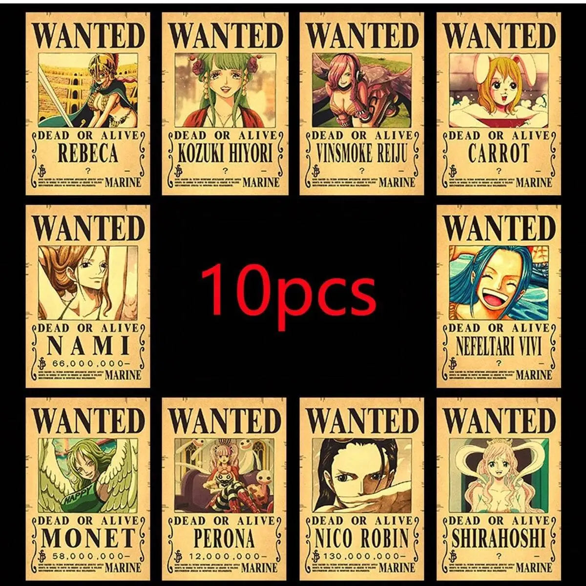 One Pieces 9-13Pcs Set Wanted Vintage Paper Posters Anime Luffy Bedroom Hotel Coffee House Bar Room Wall Deco Posters Toys Gifts