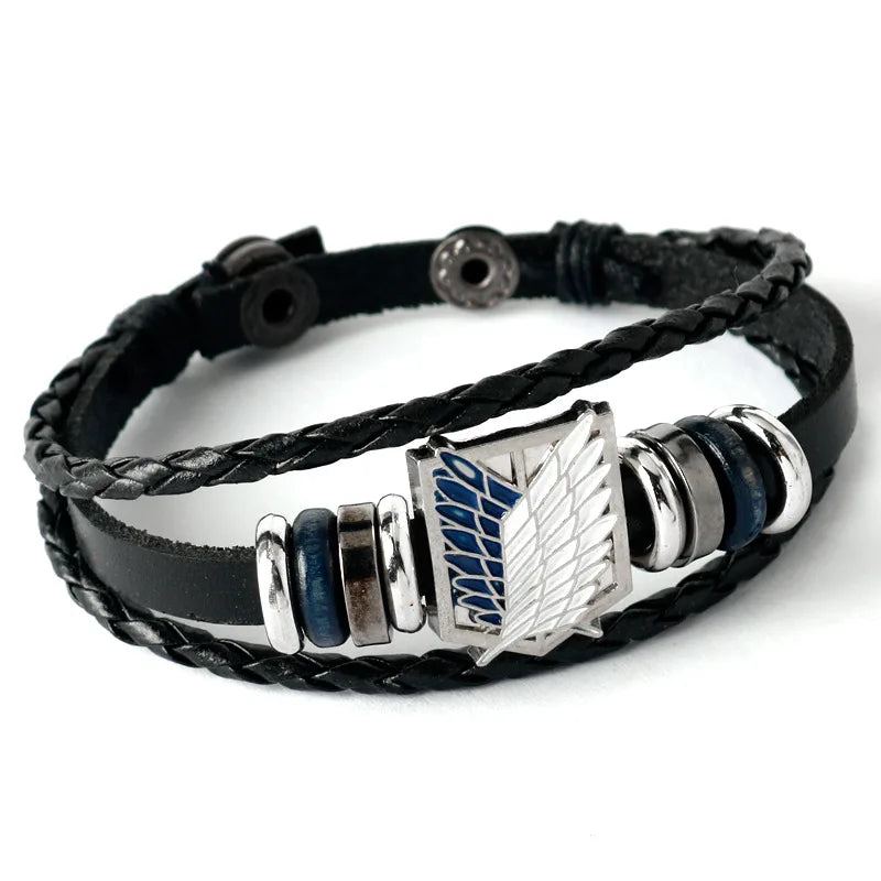 Anime Cartoon Action Attack On Titan - Investigation Corps Logo Bracelet - Leather Weaving Handpiece Boys Birthday Gift