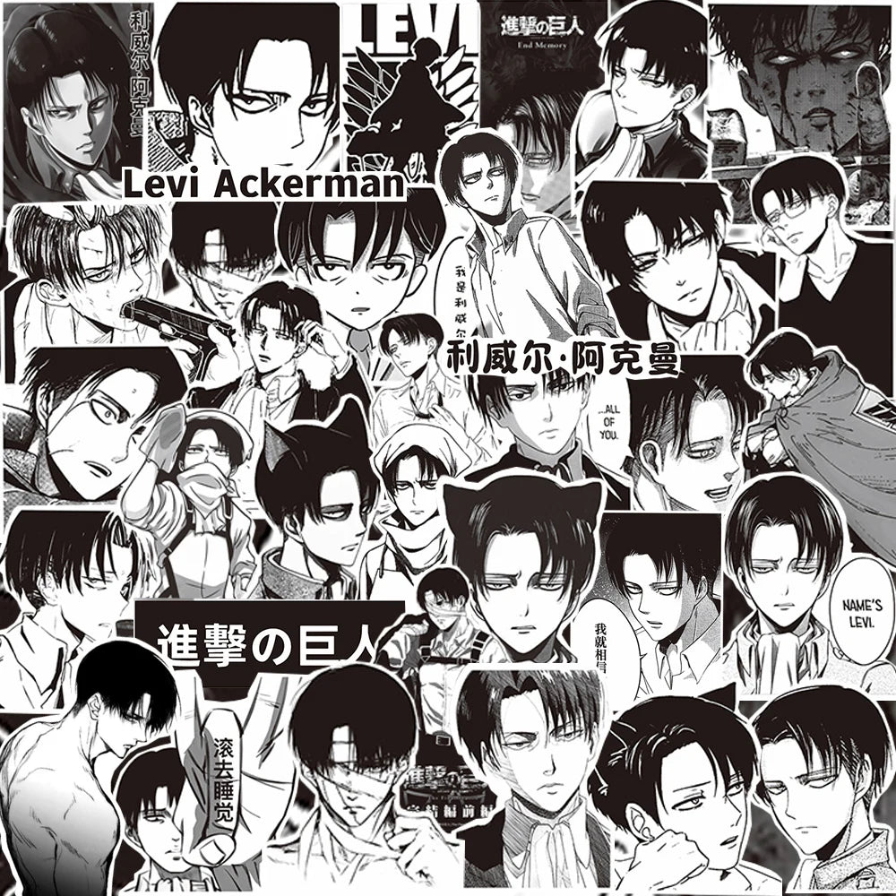 10/30/65pcs Levi Ackerman Attack On Titan Cartoon Stickers Black White Anime Decals for Motorcycle Phone Laptop Cool Sticker Toy