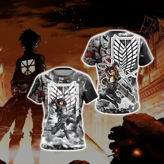 2026New Attack on Titan Mikasa & Eren 3D Printed Short-Sleeve T-Shirt Wings of Liberty Anime Peripheral Crew Neck T-Shirt Unisex