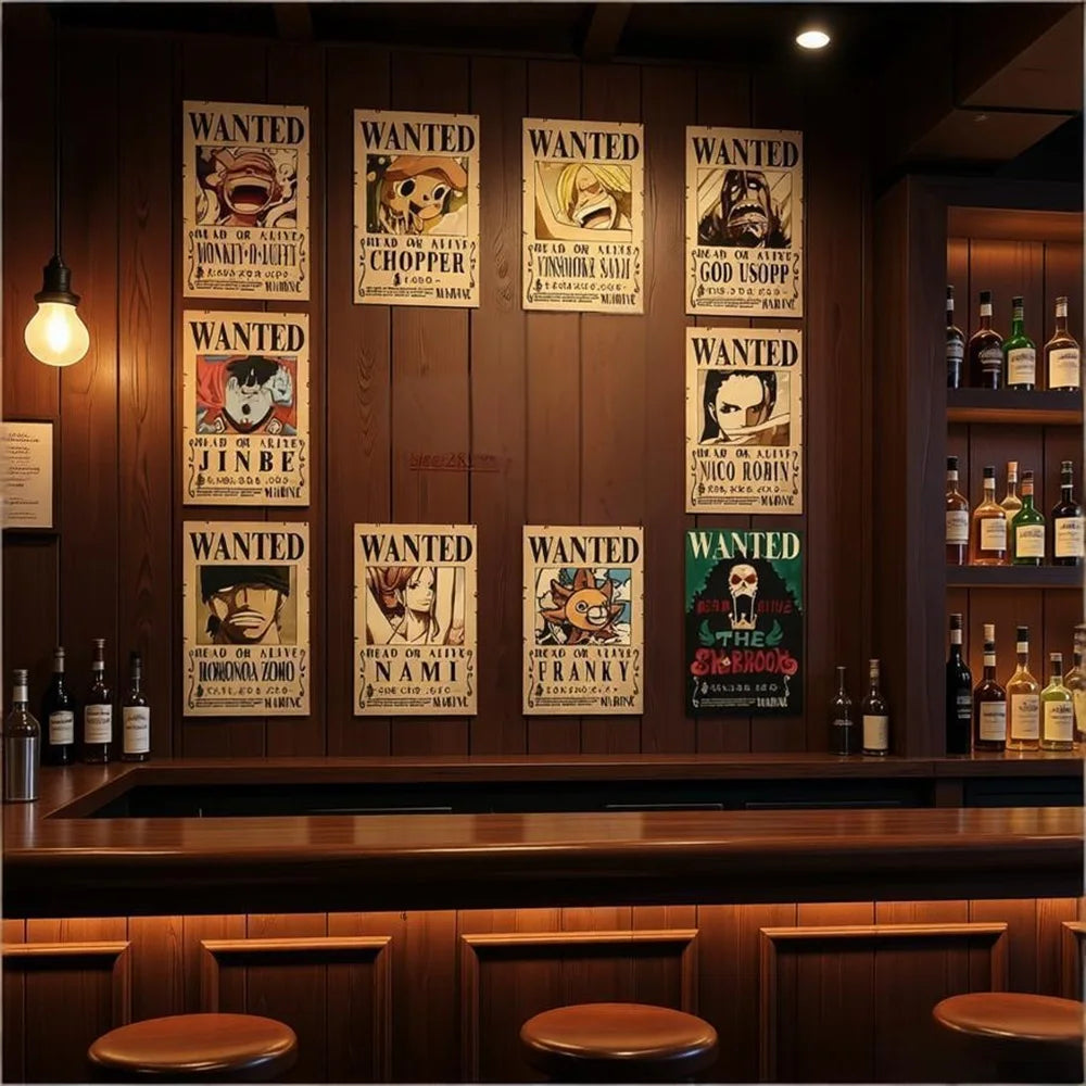 One Pieces 9-13Pcs Set Wanted Vintage Paper Posters Anime Luffy Bedroom Hotel Coffee House Bar Room Wall Deco Posters Toys Gifts