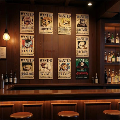 One Pieces 9-13Pcs Set Wanted Vintage Paper Posters Anime Luffy Bedroom Hotel Coffee House Bar Room Wall Deco Posters Toys Gifts