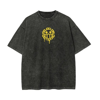 Trafalgar Law T Shirt One Piece Heart Pirates Vintage Acid Wash Streetwear Oversized Retro Anime Graphic Cotton Tees