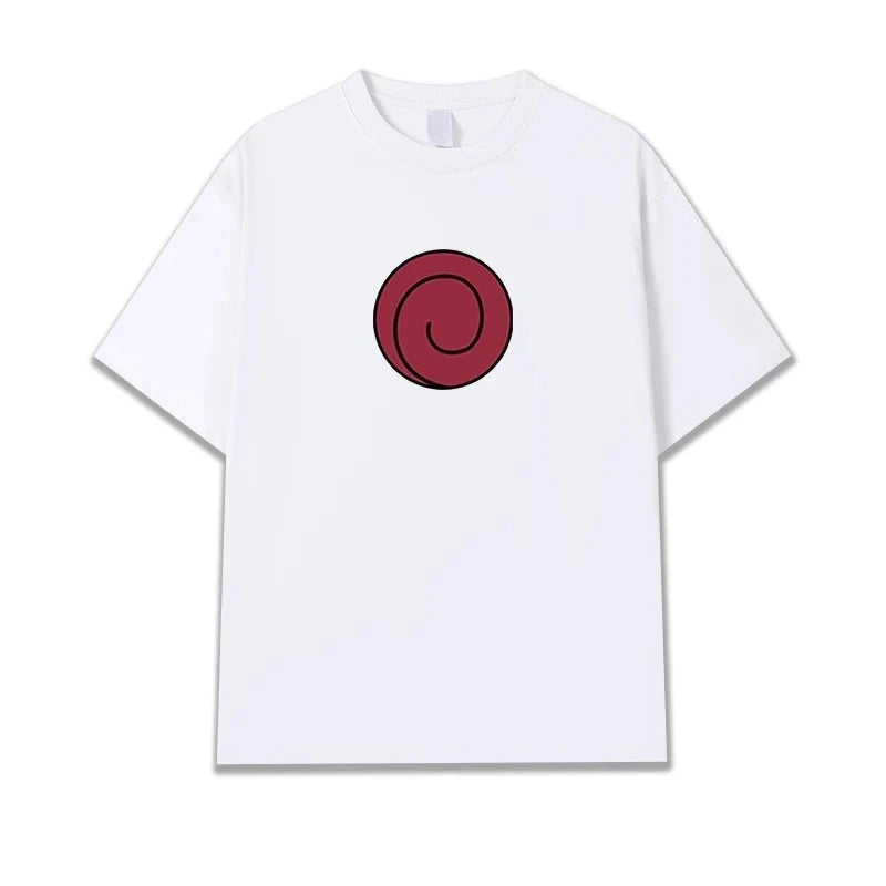 Naruto Uchiha Clan Symbol T-Shirt for Men Women, Front Back Print Minimalist Anime Casual Oversized Streetwear Black Tee