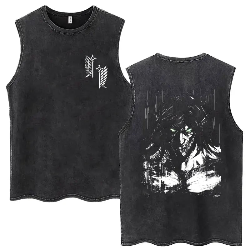 Anime Attack on Titan Eren Jaeger Graphic Vintage Washed Tank Tops Y2k Summer  Loose water washed vest for both men and women