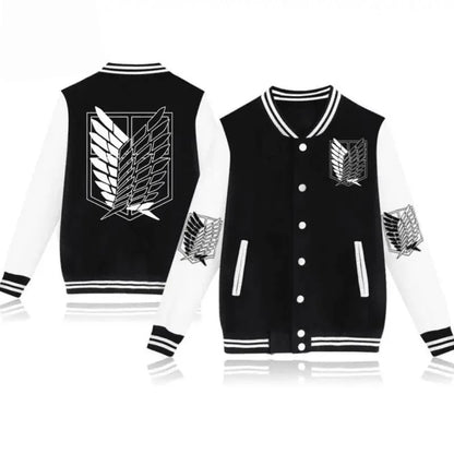 Attack on Titan Baseball Jacket with Colossal Titan Back Print Scouting Legion Logo and Japanese Text Sleeve Patterns