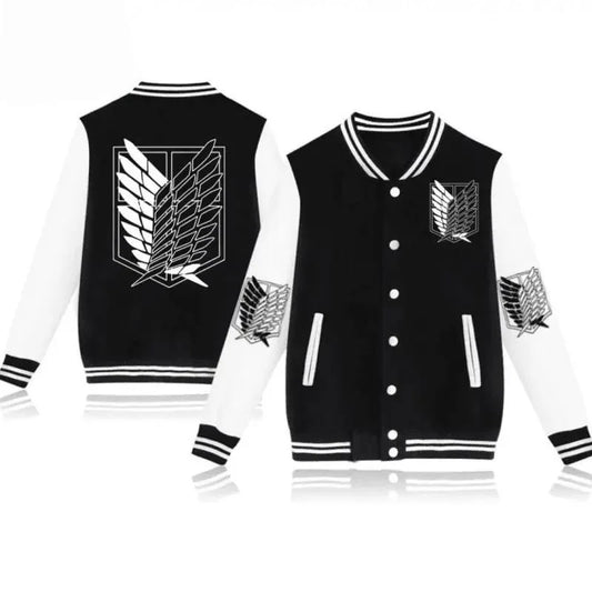 Attack on Titan Baseball Jacket with Colossal Titan Back Print Scouting Legion Logo and Japanese Text Sleeve Patterns