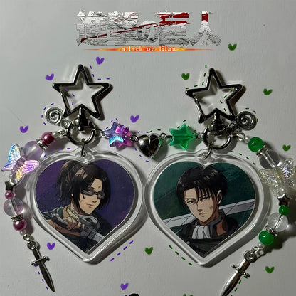 2pcs/set Handmade Beaded Matching Keychain Attack on Titan Levi Hange Heart Acrylic Pendant Butterfly Sword Couple Keyring