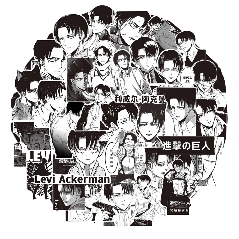 10/30/65pcs Levi Ackerman Attack On Titan Cartoon Stickers Black White Anime Decals for Motorcycle Phone Laptop Cool Sticker Toy