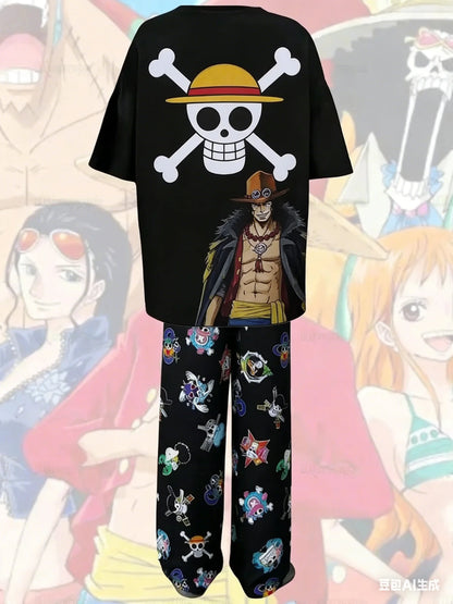 2026 New One Piece Monkey D. Luffy Straw Hat Print Pajama Set T-shirt & Pants Unisex Anime Sleepwear Soft Breathable Loungewear