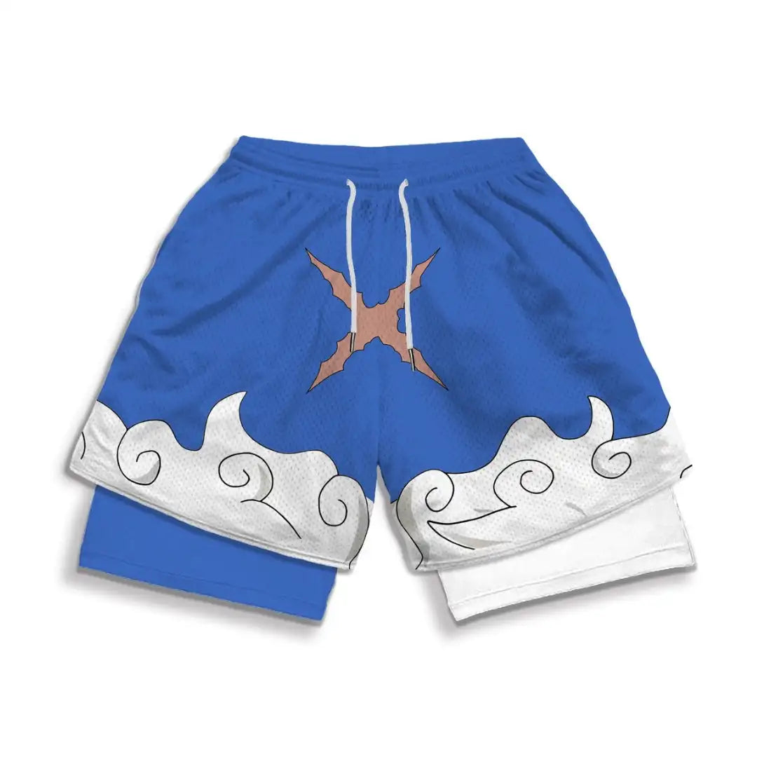 2026 Summer Bandai One Piece Character Symbols Anime Double Layer Fake Two Piece Gym Workout Shorts Quick-dry Comfy Lightweight