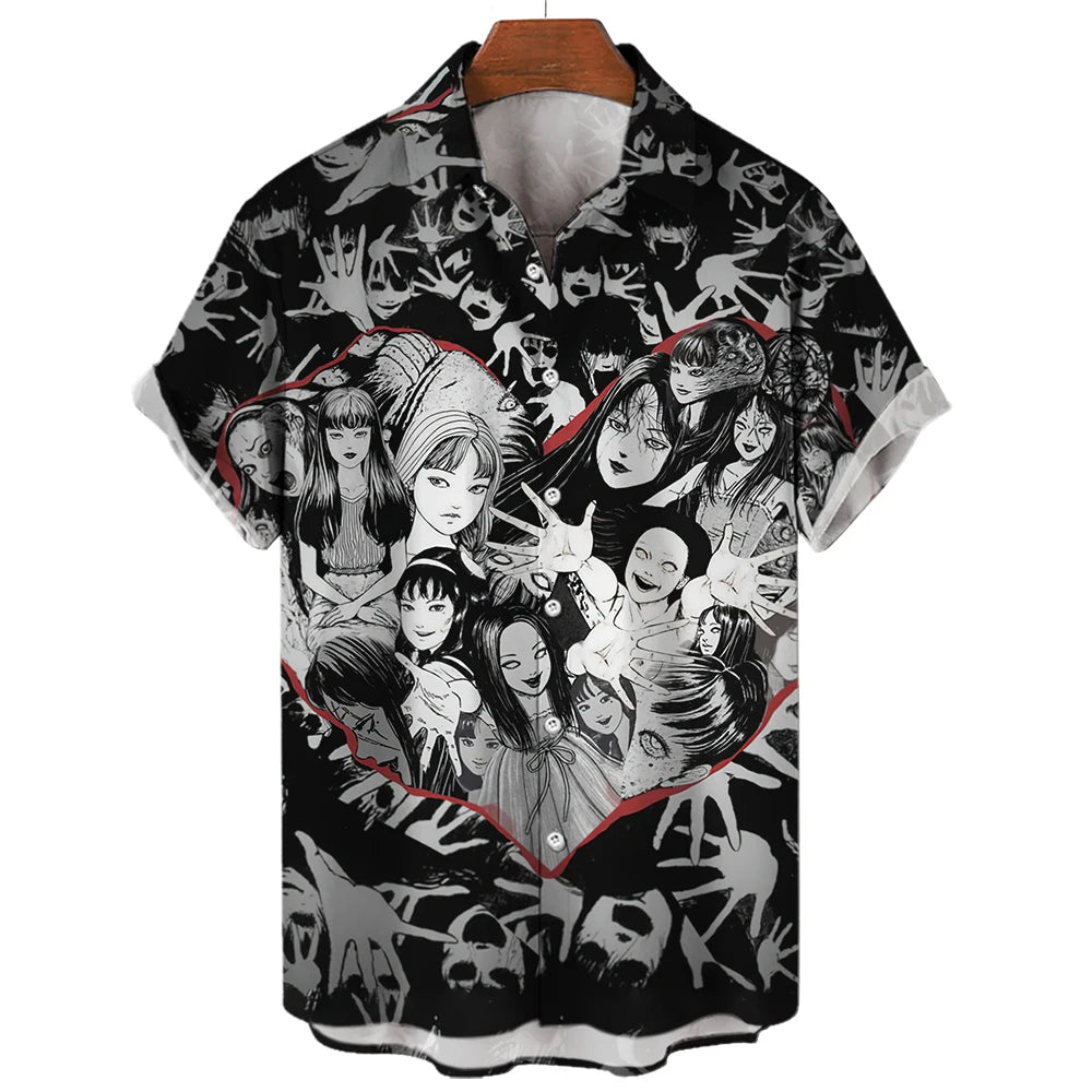 Japanese Anime Pattern Shirts 2023 Summer New men's Shirt 3D Printing Horror Print Hawaiian Clothing Personalized Design Men Top