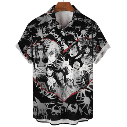 Japanese Anime Pattern Shirts 2023 Summer New men's Shirt 3D Printing Horror Print Hawaiian Clothing Personalized Design Men Top