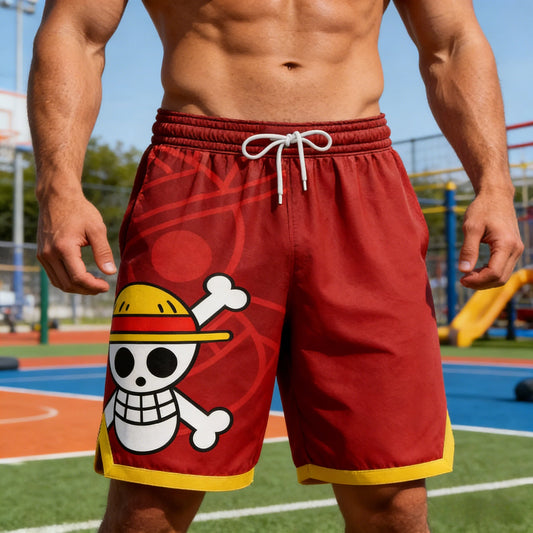 2026 New Bandai One Piece Basketball Shorts for Men - Luffy Straw Hat Jolly Roger Print Suitable for Daily and Training Wear Y2k