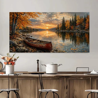 Red Canoe on An Autumn Lake Landscape Poster and Prints Canvas Painting Wall Art Pictures Home Decor Cuadros