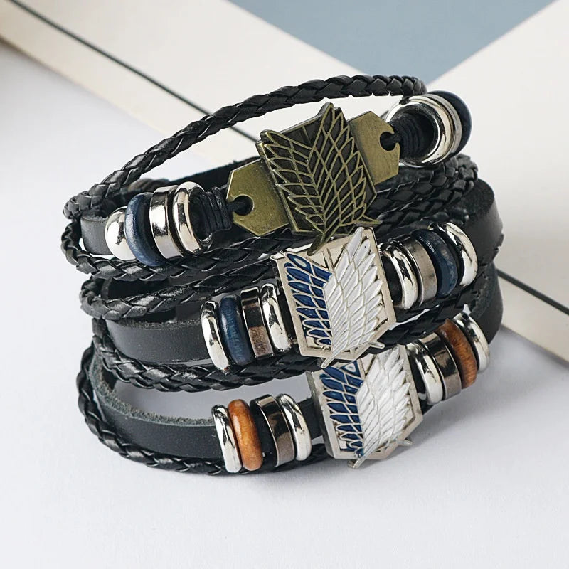 Anime Cartoon Action Attack On Titan - Investigation Corps Logo Bracelet - Leather Weaving Handpiece Boys Birthday Gift