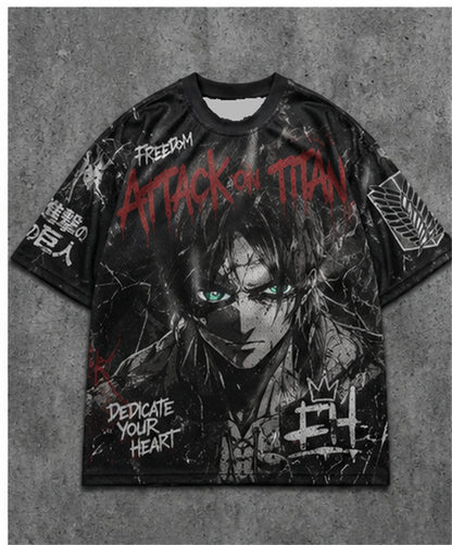 Attack On Titan Eren Anime Graffiti Mesh T Shirt For Men Women Fans Loose Breathable Hip Hop Streetwear Short Sleeve Top