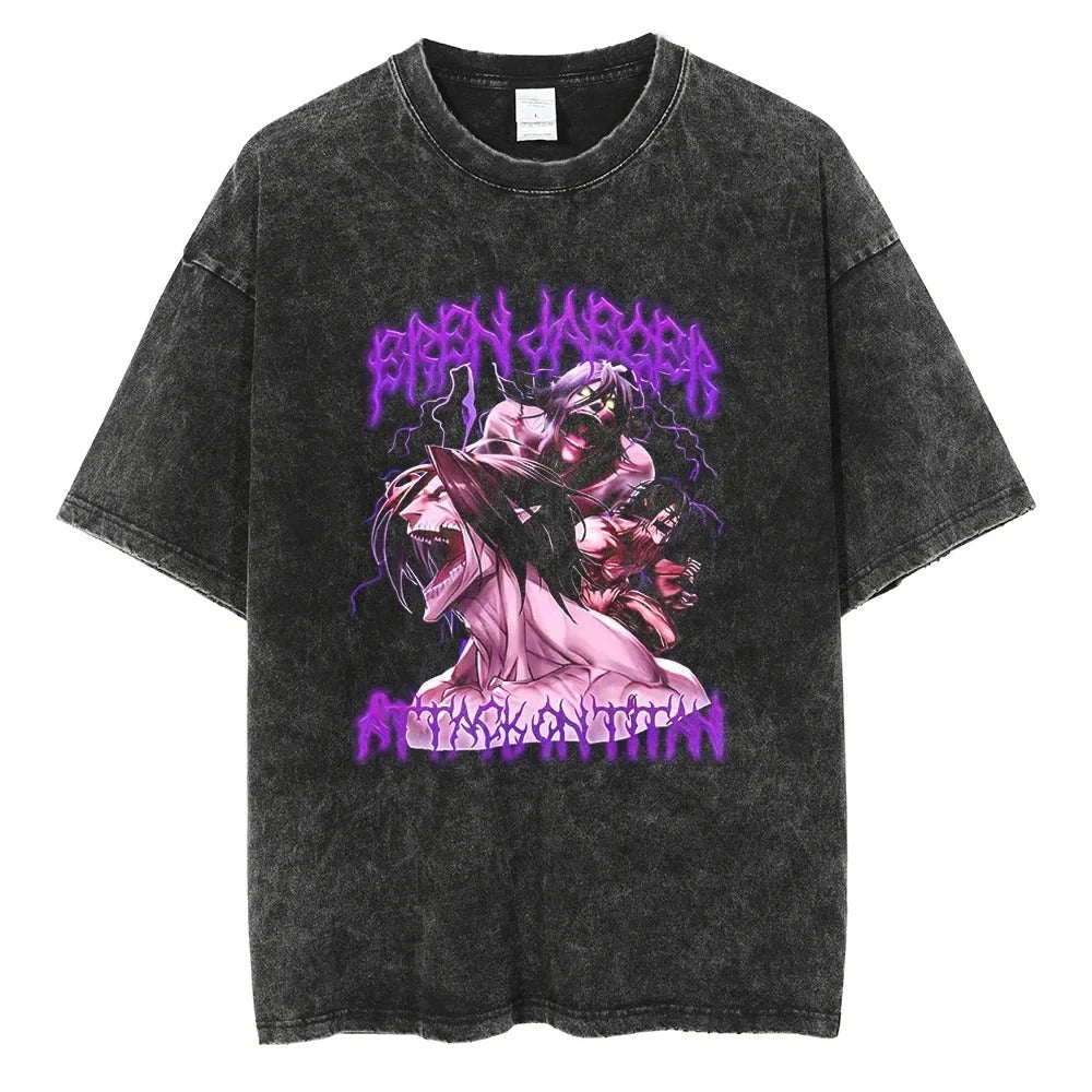 Attack on Titan Mikasa Ackerman Vintage Rock Band-style Wash Print T Shirt Men 2026 Summer Black Oversized Tee Anime Streetwear