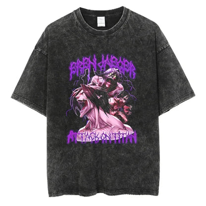 Attack on Titan Mikasa Ackerman Vintage Rock Band-style Wash Print T Shirt Men 2026 Summer Black Oversized Tee Anime Streetwear