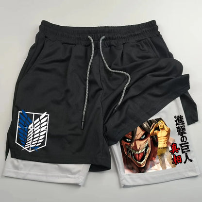 Attack on Titan Anime Collaboration Printing 2-in-1 Sports Shorts Summer New Men's and Women's Fitness Running Leggings Shorts