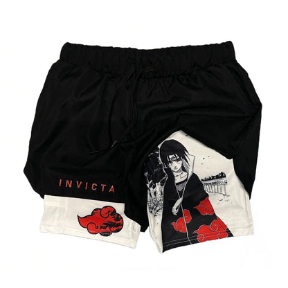 Anime Madara Uchiha Six Paths 2-in-1 Compression Shorts Summer Quick Drying Sport Shorts with Six Tomoe Print Breathable Shorts