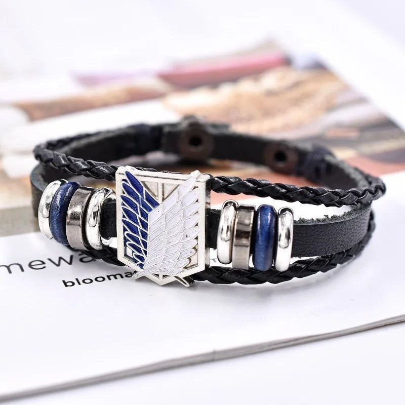 Anime Cartoon Action Attack On Titan - Investigation Corps Logo Bracelet - Leather Weaving Handpiece Boys Birthday Gift