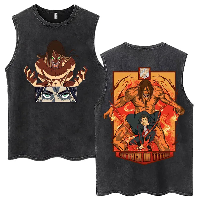 Anime Attack on Titan Eren Jaeger Graphic Vintage Washed Tank Tops Y2k Summer  Loose water washed vest for both men and women