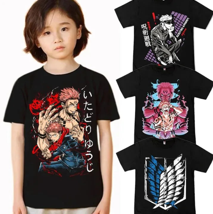 26 Summer Jujutsu Kaisen/Attack on Titan Anime Printed Loose Short-sleeved Pure Cotton Children's T-shirt Unisex Casual Loose