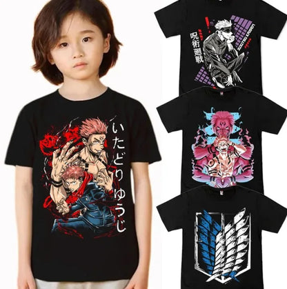 26 Summer Jujutsu Kaisen/Attack on Titan Anime Printed Loose Short-sleeved Pure Cotton Children's T-shirt Unisex Casual Loose
