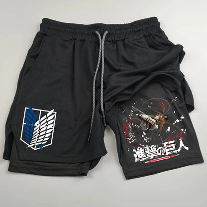 Attack on Titan Anime Collaboration Printing 2-in-1 Sports Shorts Summer New Men's and Women's Fitness Running Leggings Shorts