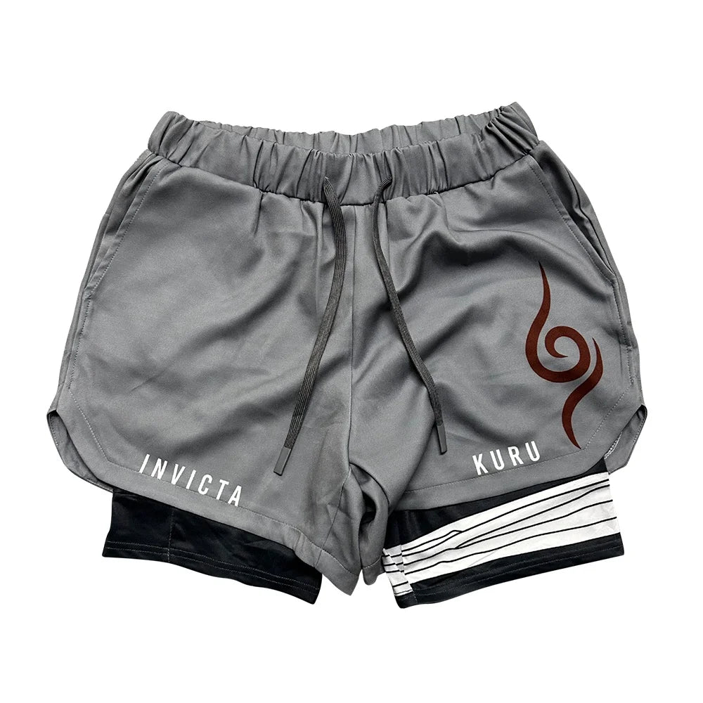 Anime Madara Uchiha Six Paths 2-in-1 Compression Shorts Summer Quick Drying Sport Shorts with Six Tomoe Print Breathable Shorts