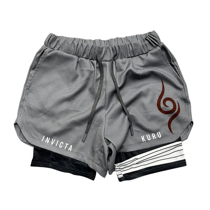 Anime Madara Uchiha Six Paths 2-in-1 Compression Shorts Summer Quick Drying Sport Shorts with Six Tomoe Print Breathable Shorts