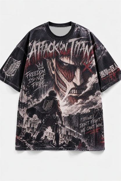 Attack On Titan Eren Anime Graffiti Mesh T Shirt For Men Women Fans Loose Breathable Hip Hop Streetwear Short Sleeve Top