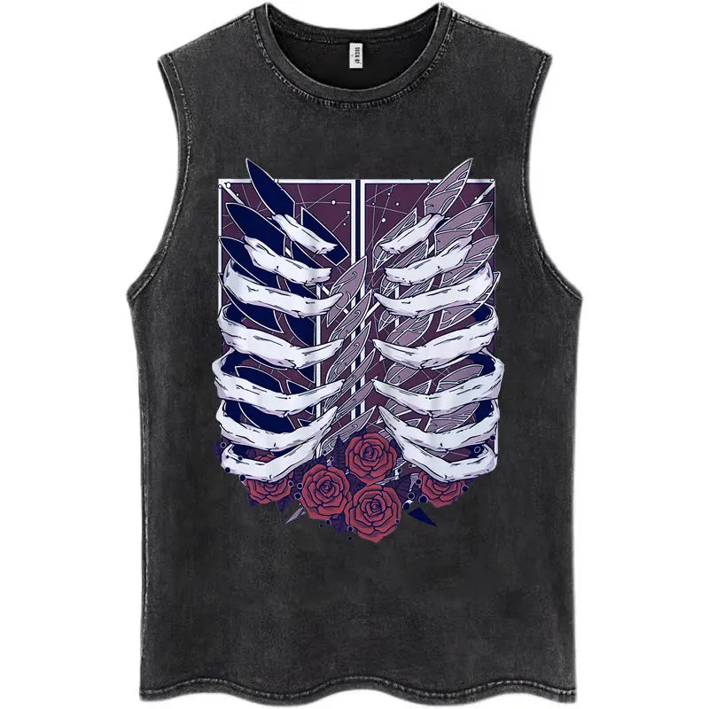 2026 Anime Attack on Titan Washed Tank Tops Men's No Harajuku Sleeveless T Shirt Yeager Oversized Cotton T-shirt