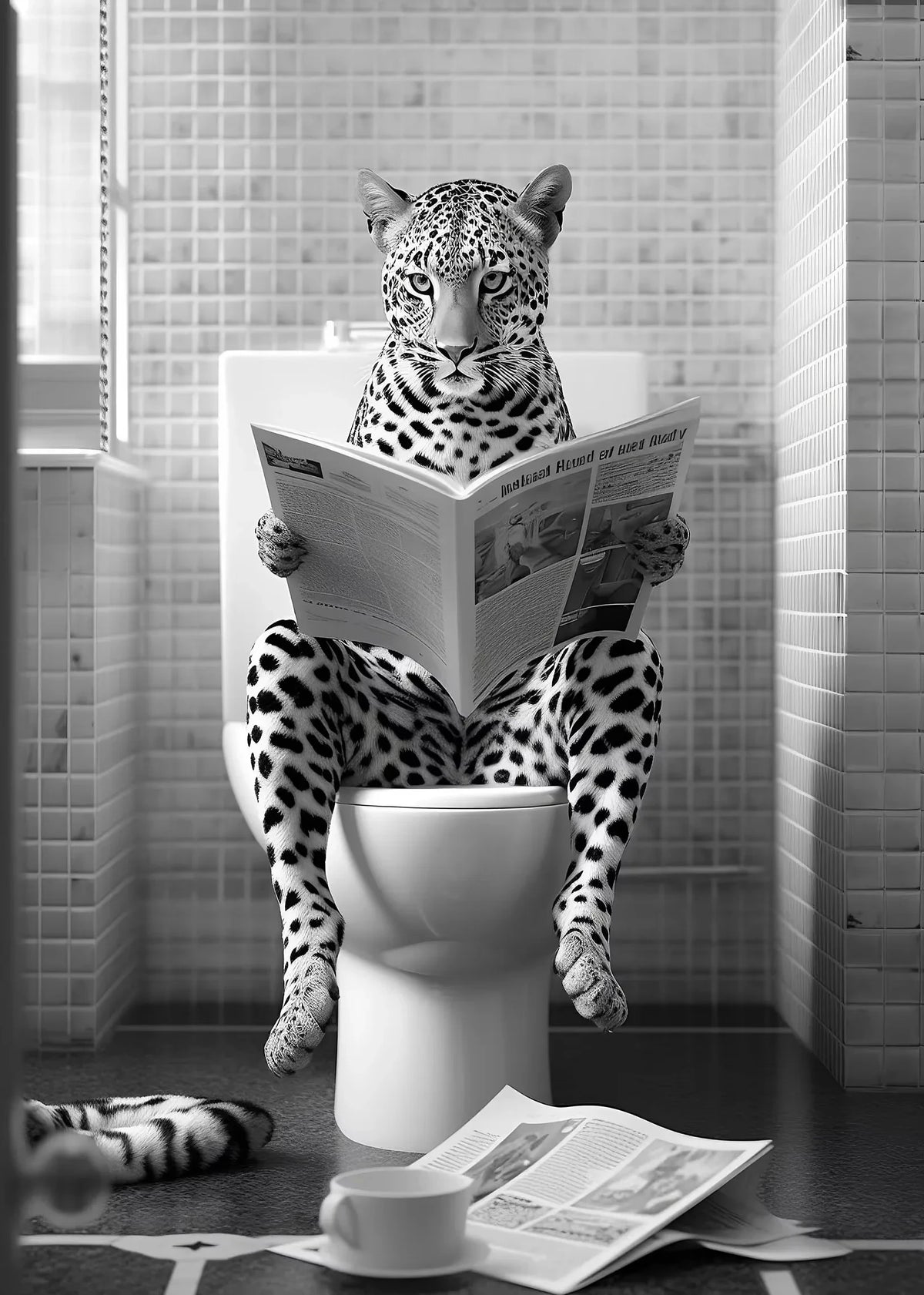 Black and White Lion Cow Sitting on Toilet Reading Newspaper Poster Modern Bathroom Wall Art Picture Canvas Print Home Decor