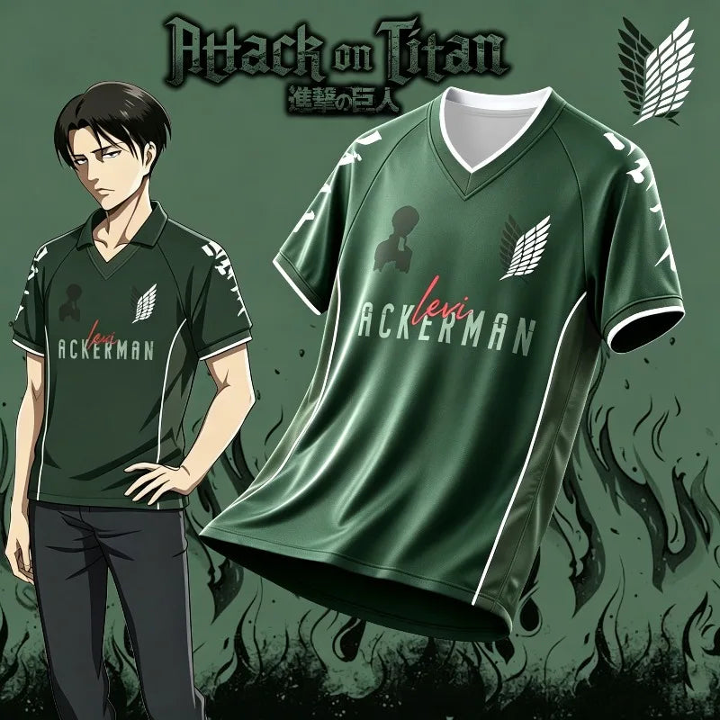 Men Dark Green Levi Ackerman Attack on Titan Mesh V-Neck Soccer Jersey, Y2K Anime Streetwear Loose Sport Tee Casual Outfit
