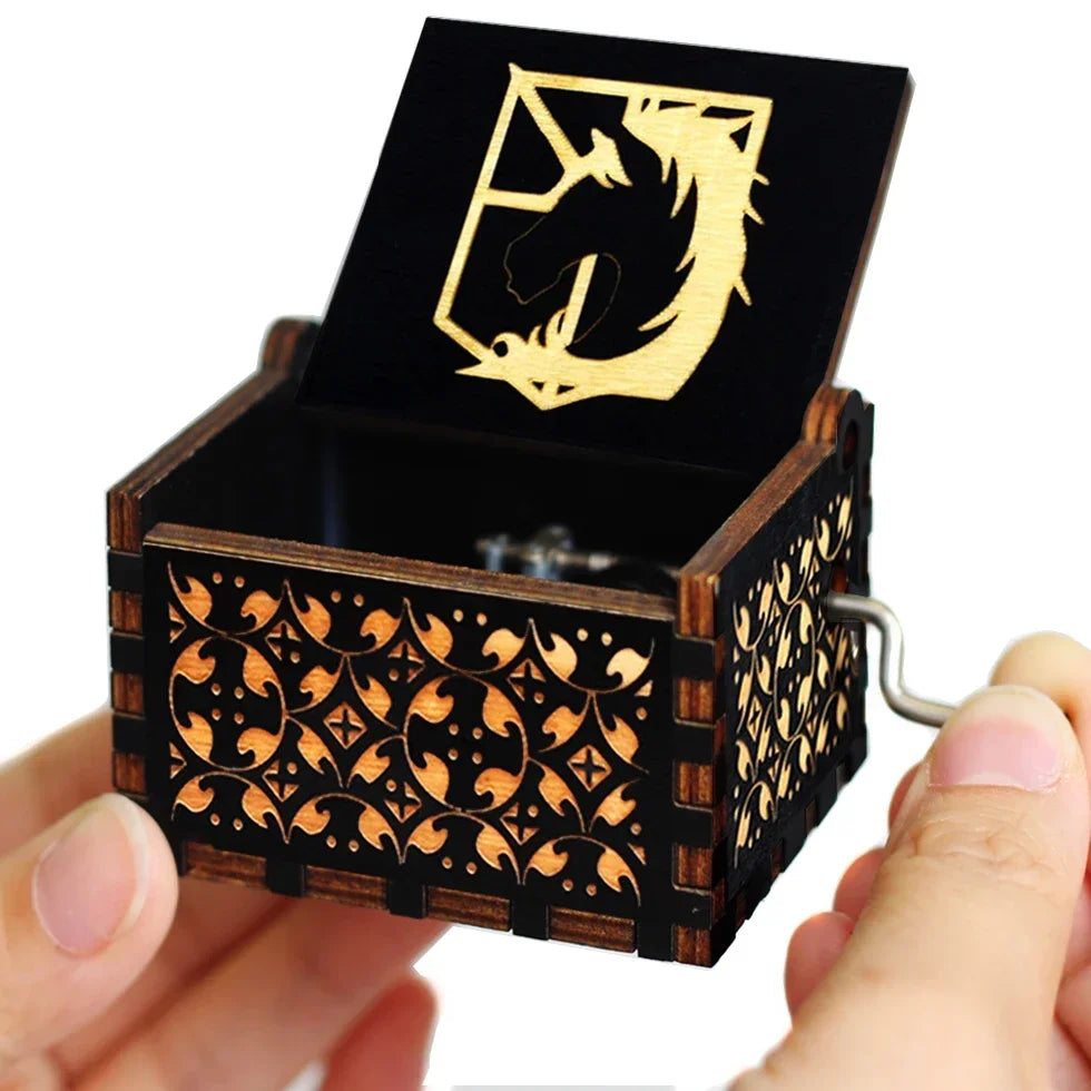 IN STOCK @@Antique carved Wooden Hand Crank Attack on Titan and StarWars Music Box figure Christmas Birthday Gift @@