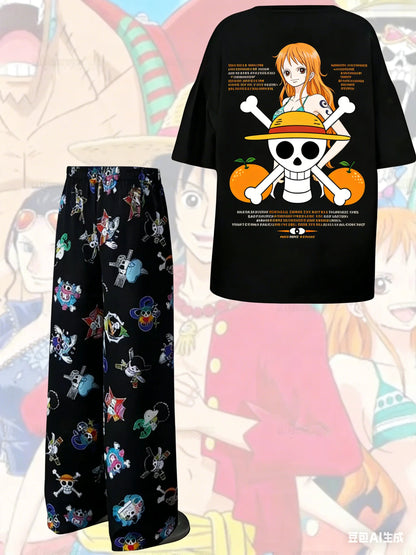 2026 New One Piece Monkey D. Luffy Straw Hat Print Pajama Set T-shirt & Pants Unisex Anime Sleepwear Soft Breathable Loungewear