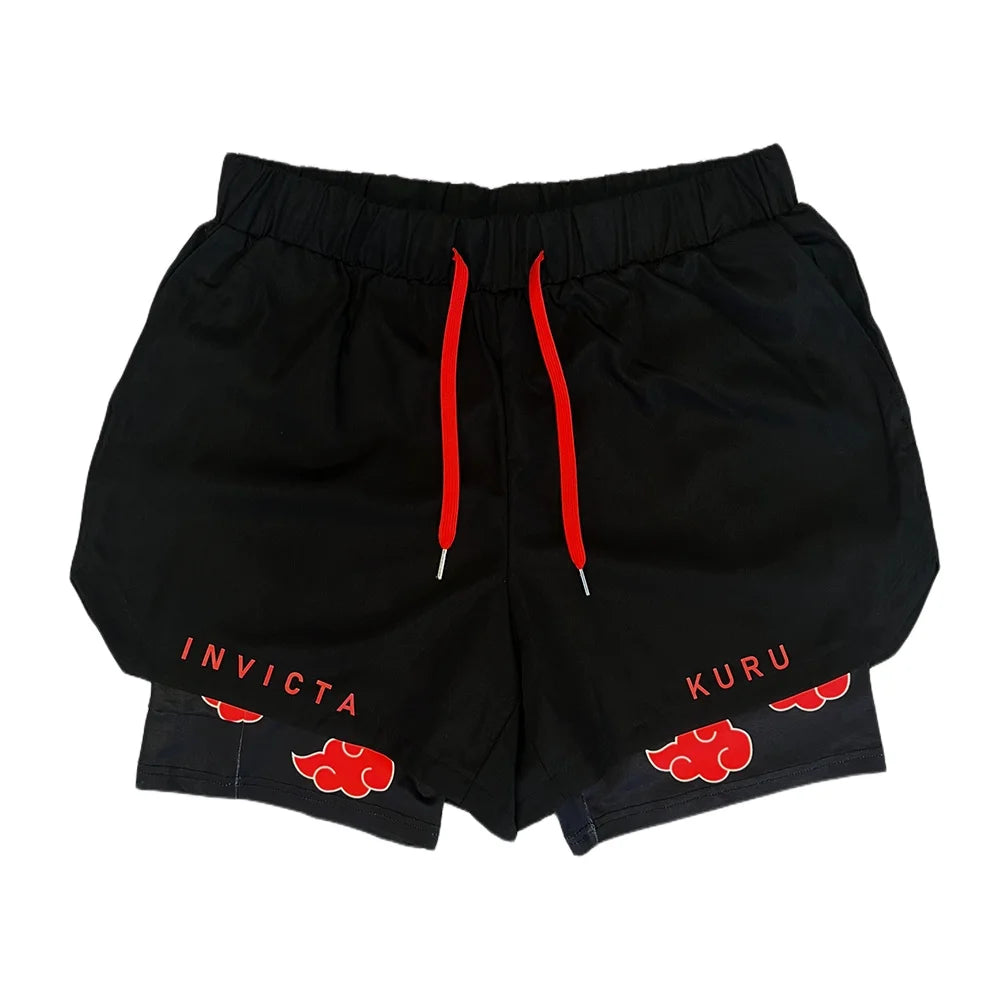 Anime Madara Uchiha Six Paths 2-in-1 Compression Shorts Summer Quick Drying Sport Shorts with Six Tomoe Print Breathable Shorts