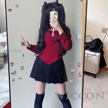 Fate Stay Night Tohsaka Rin Cosplay Costume Long Wig Red Black Skirt