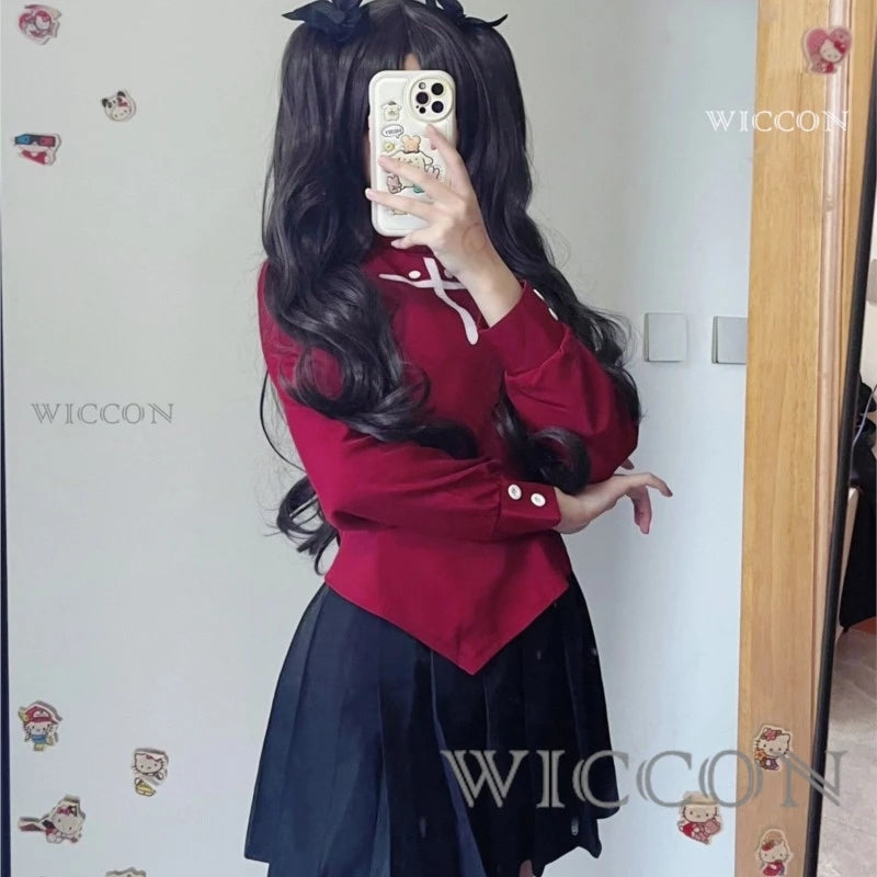Fate Stay Night Tohsaka Rin Cosplay Costume Long Wig Red Black Skirt