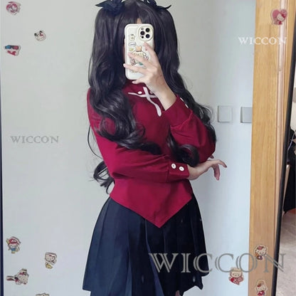 Fate Stay Night Tohsaka Rin Cosplay Costume Long Wig Red Black Skirt