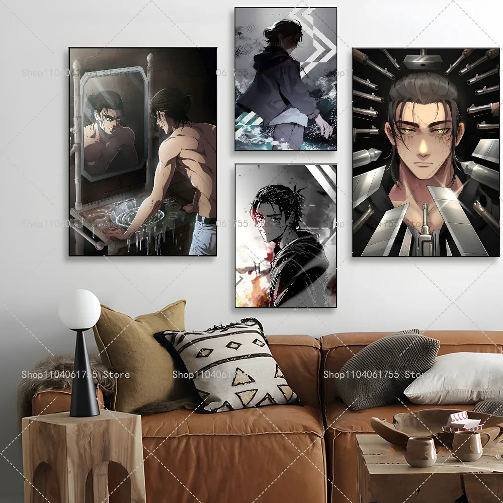 1PC Anime Attack On Titan Eren Jeager Poster Self-adhesive Art Waterproof Paper Sticker Coffee House Bar Room Wall Decor