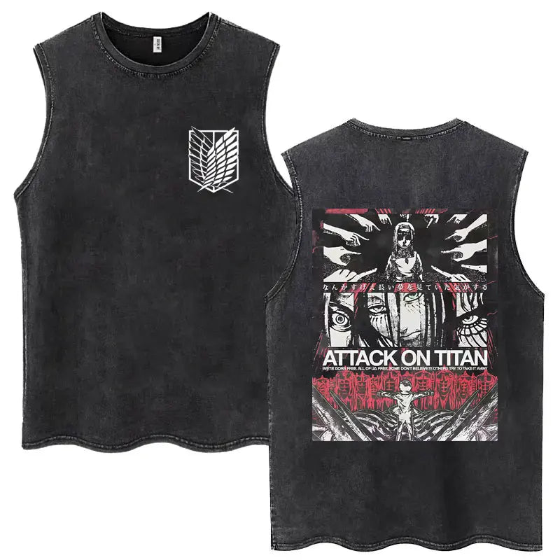 Anime Attack on Titan Eren Jaeger Graphic Vintage Washed Tank Tops Y2k Summer  Loose water washed vest for both men and women