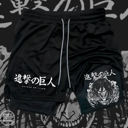 2026 New Men's/Women's Attack on Titan Nine Titans 2-in-1 Gym Shorts, Anime Character Print Breathable Fitness Sports Shorts
